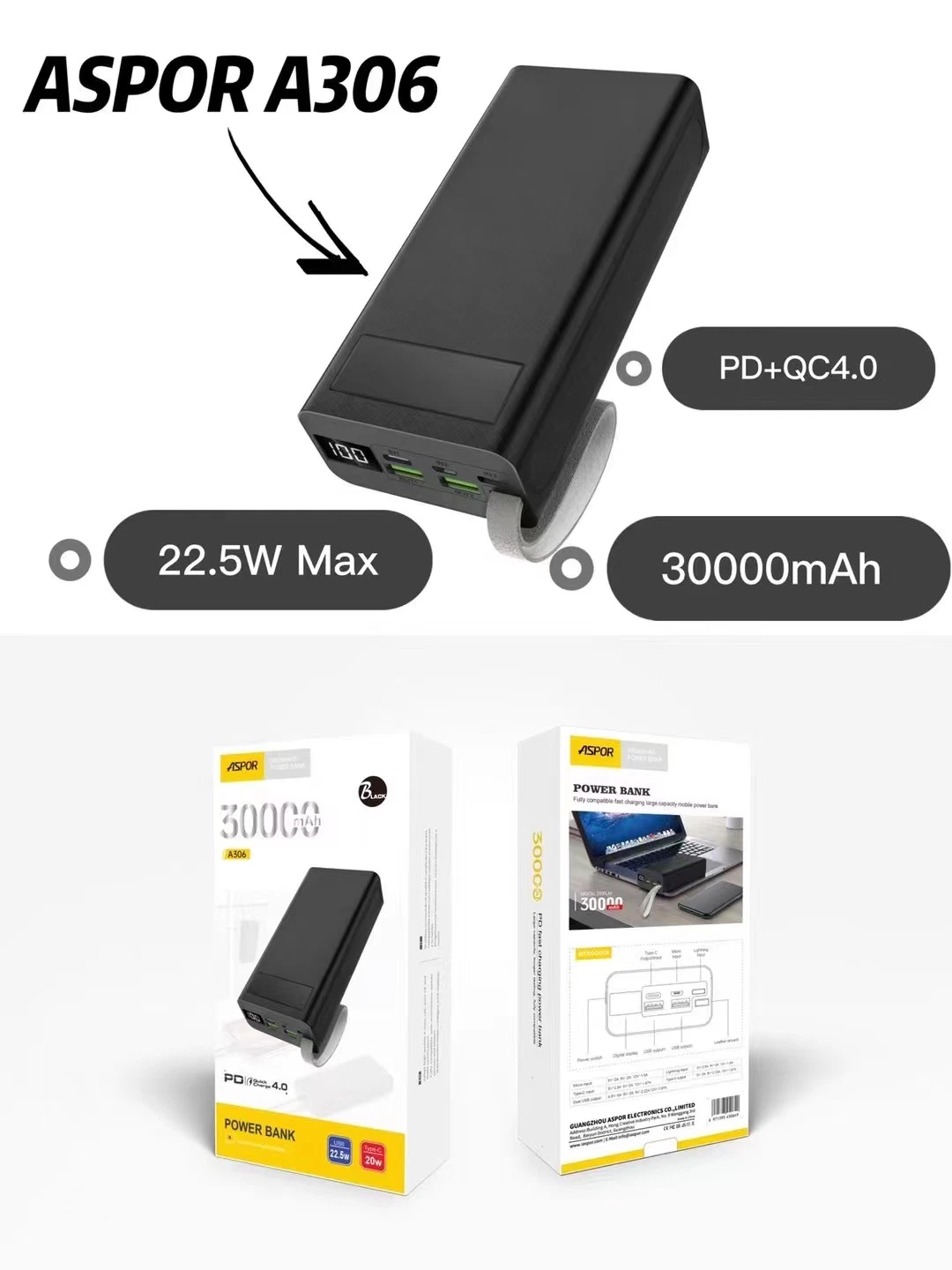 30000mAh Power Bank 22,5W Pd+QC4,0 Tragbares Ladegerät mit Schnellladung, Polymer Akku mit Digital Display