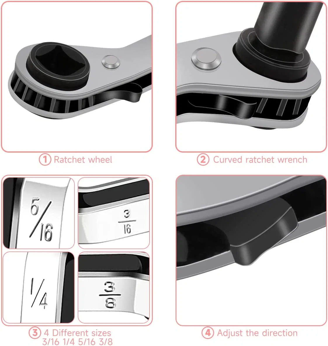 3/8 to 1/4, 5/16 X 1/4 Ratchet Stainless Steel Service Wrench with 2 Hexagon Bit Adapter Kit for Air Conditioning Refrigeratio