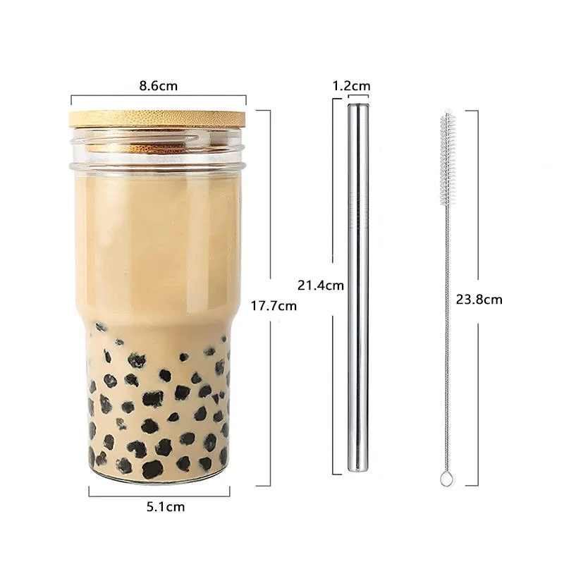 Reusable 22oz Wide Mouth Customized Wholesale/Supplier Glass Mason Cup with Wood Lid and Glass Straw