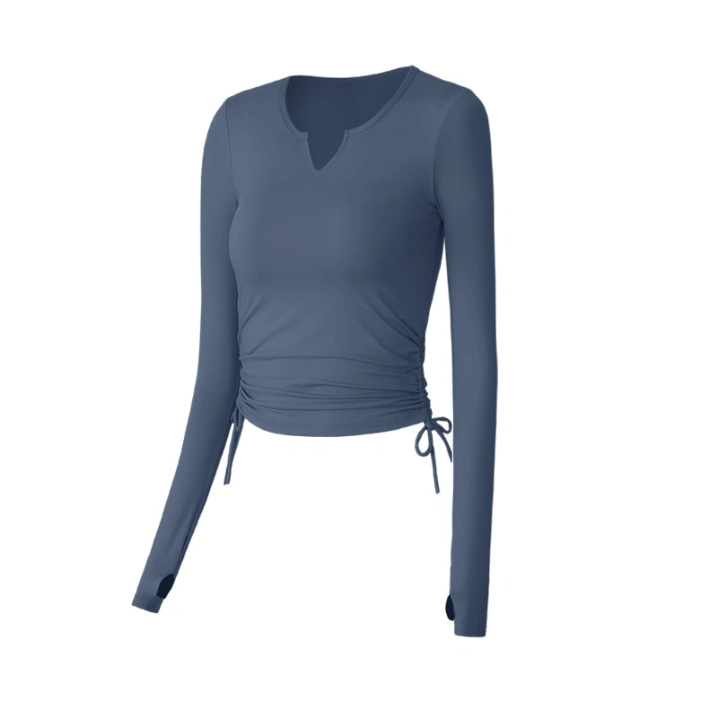 Blusa manga larga de la mujer el ejercicio de la compresión de Yoga Drawstring camiseta deportiva ropa deportiva
