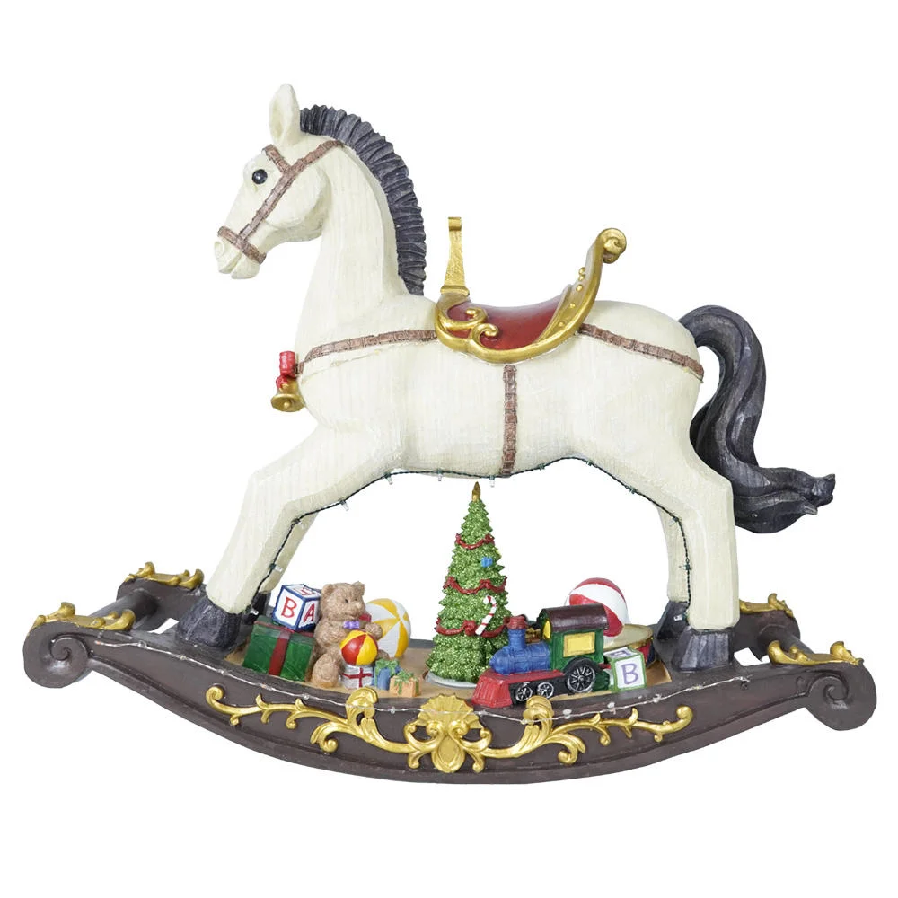 Customized Noel Holiday Decor LED Christmas Resin Musical Rocking Horse with 8 Songs