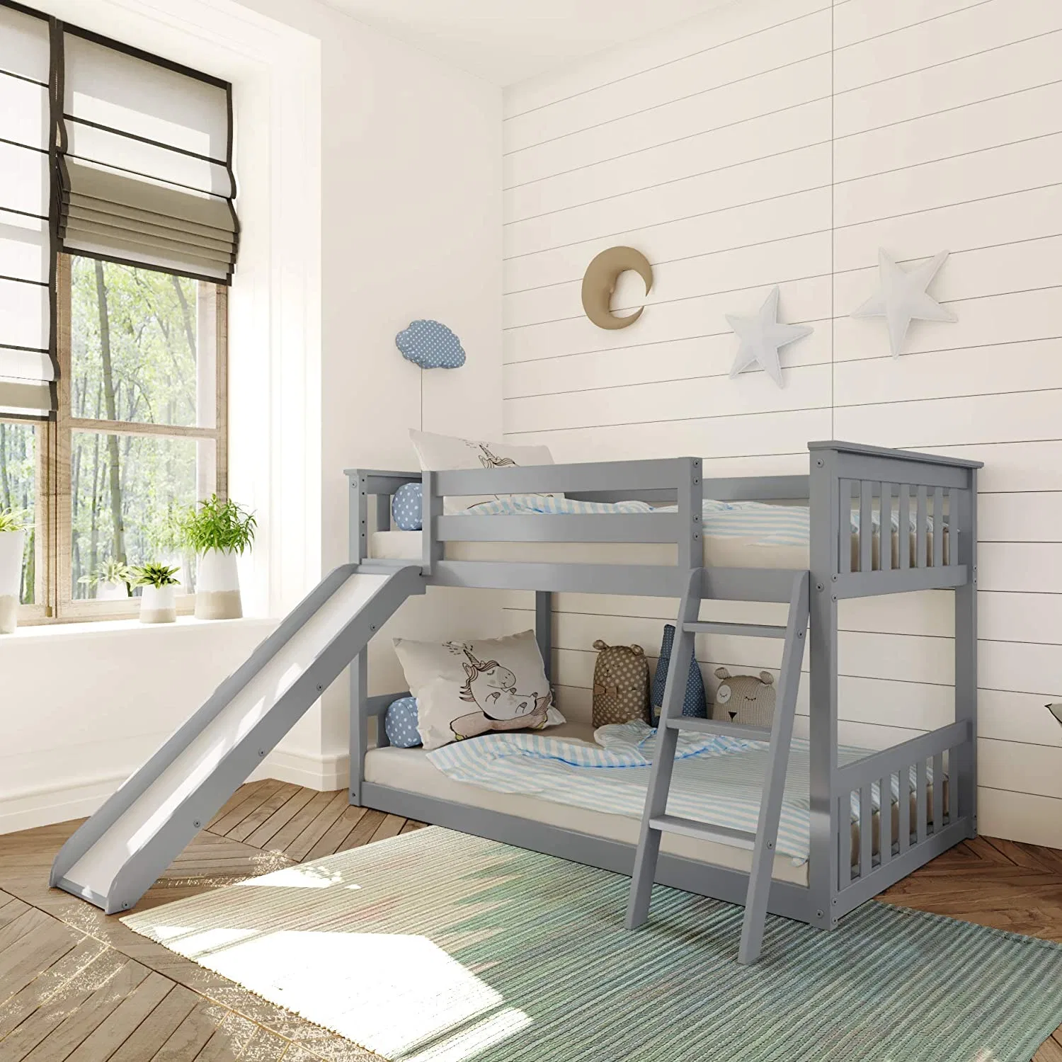 Bunk Bed with Slide Pine Wooden Finished Bed with Ladder/Furniture Bed/Children Wooden Bed/Bedroom Set/Bed Frame