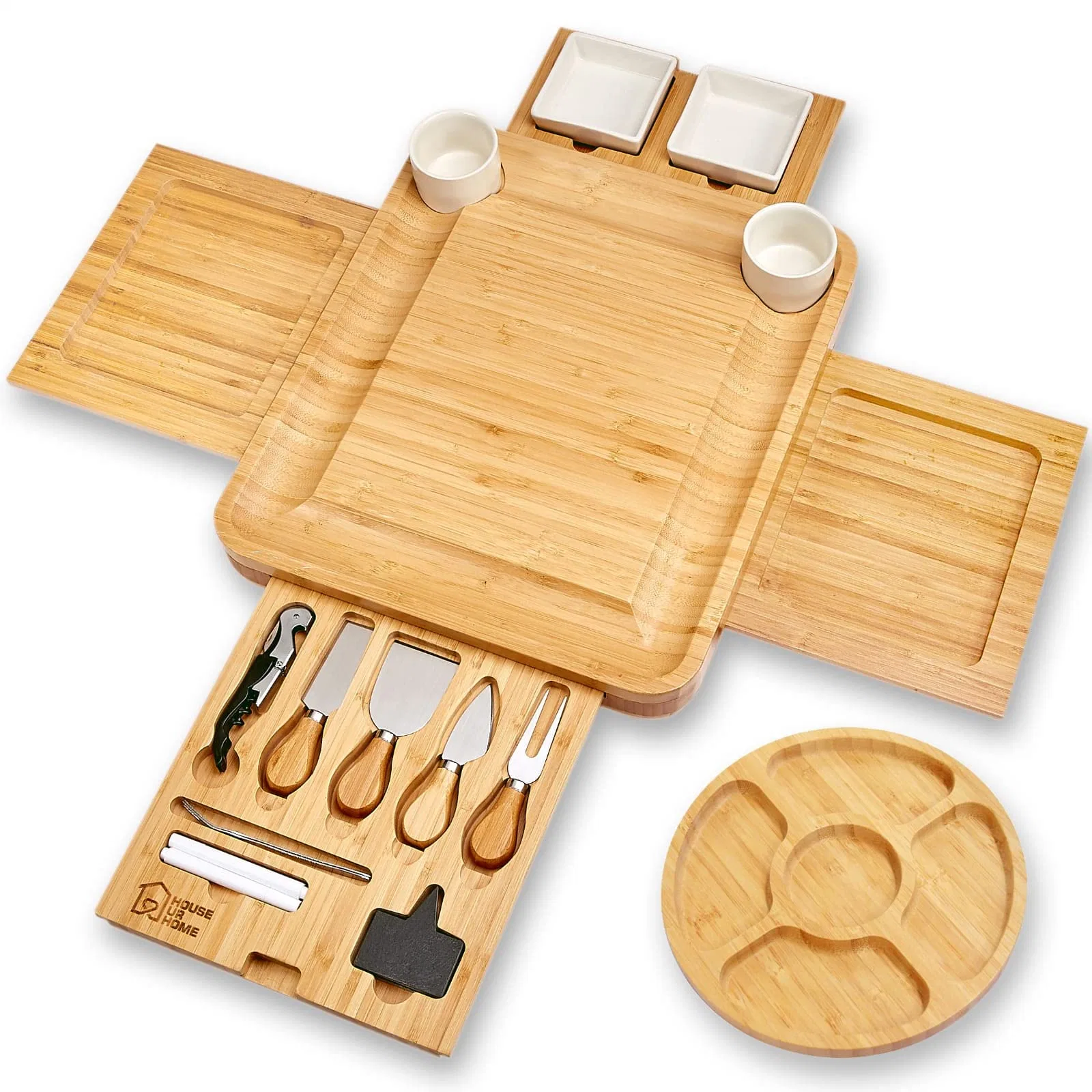 Placa de queijo 2 taças de cerâmica 2 pratos. Conjunto magnético de 4 gavetas Bamboo Charcuterie Cutlery Knife, 2 forquilhas servidor, Wine Opener, etiquetas, marcadores, GIF