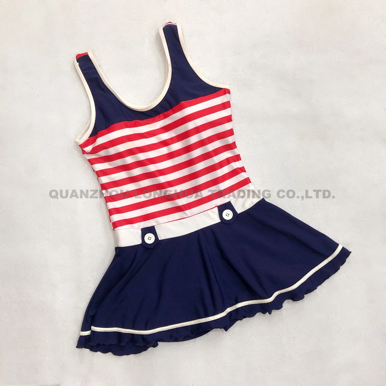 Women Girls Swimwear One Piece Tankini Stripe Skirt Padded with Brief Swimsuit