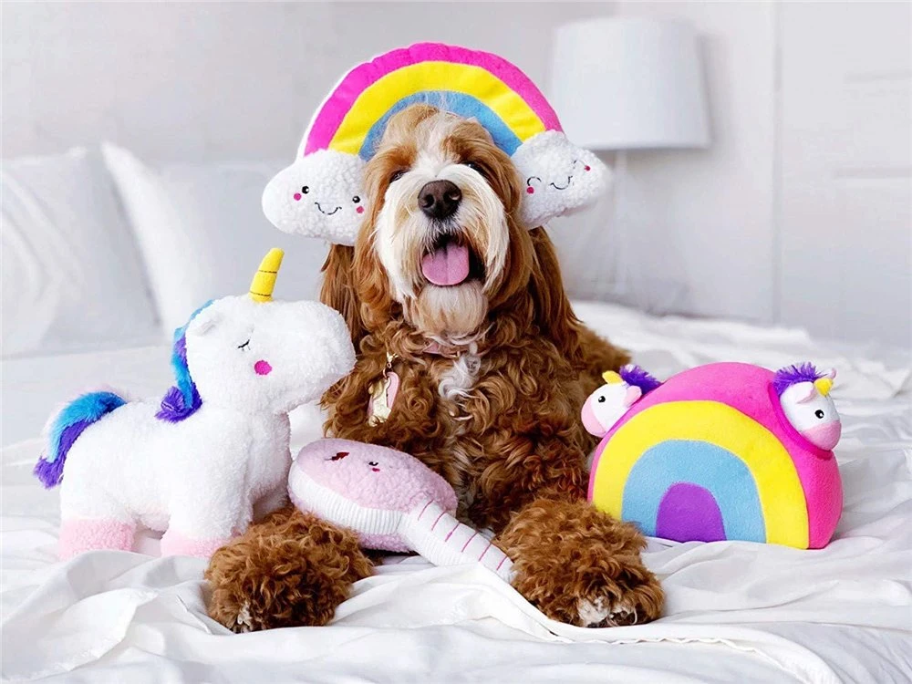 2022 Nouveau design fabricant OEM et ODM jouets en peluche pour animaux Crissement interactif Cacher et chercher les licornes en peluche de chien