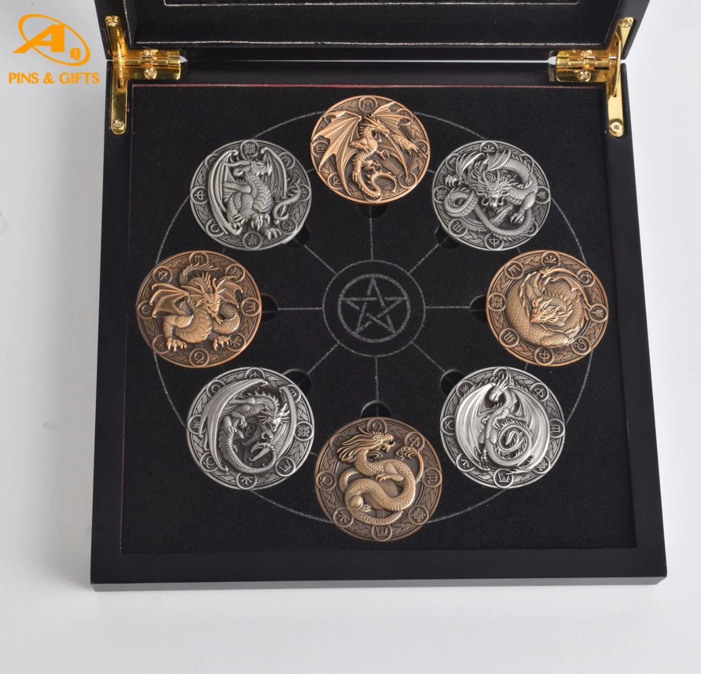 Hot! China Wholesale/Supplier Factory Customized Gold Silver Metal Craft Replica Shield Souvenirs Police Military Challenge Coins with Wooden Box