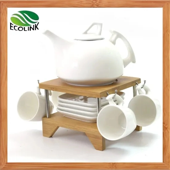 Ceramic Coffee Cup and Saucer Set with Bamboo Stand