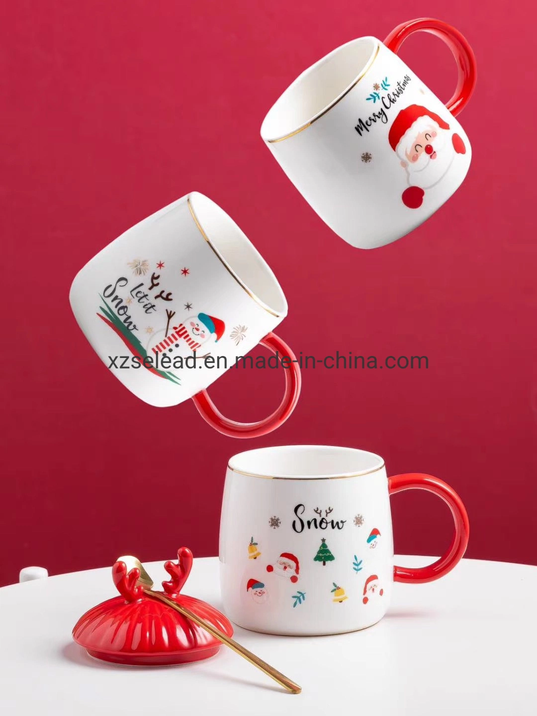 Weihnachten Emaille Paar Becher Geschenk-Set Kaffee Tassen Weiß Rentier Tassen Sublimation Keramik Weihnachtsgeschenk Custom Printed Keramik