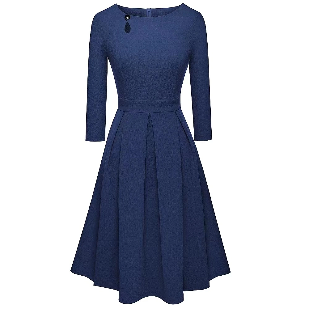 Ladies Unique Button Keyhole Knitted Apparel Half-Sleeve Pleated Skirt Big Hem Dress