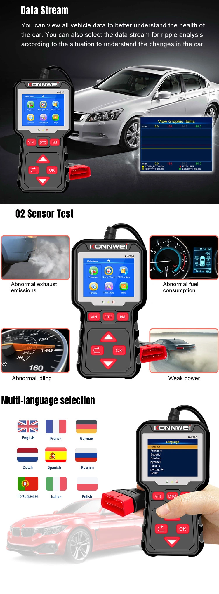 Kw320 Universal Vehicle Tools Car Obdii Diagnostic Scanner