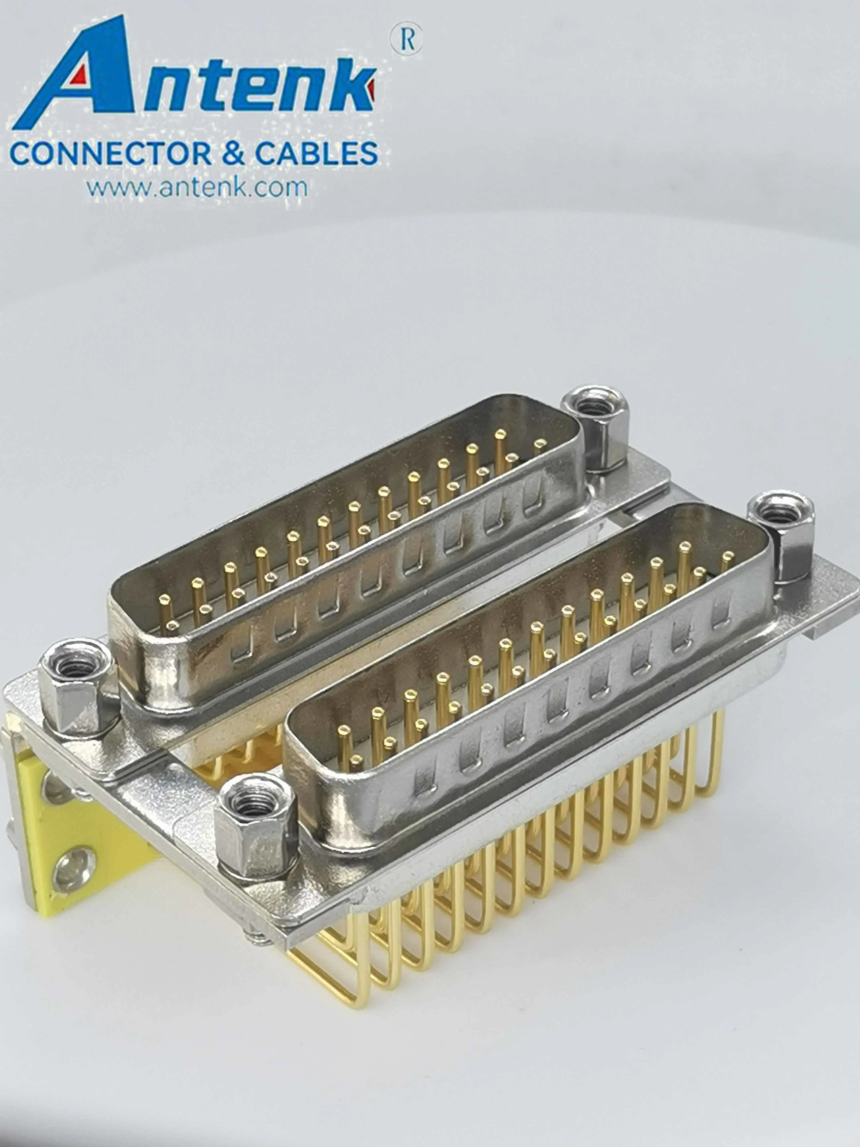 25pin Maletop a 25pin macho inferior de alta densidad de ángulo recto conector D-SUB apilado PCB, puerto doble