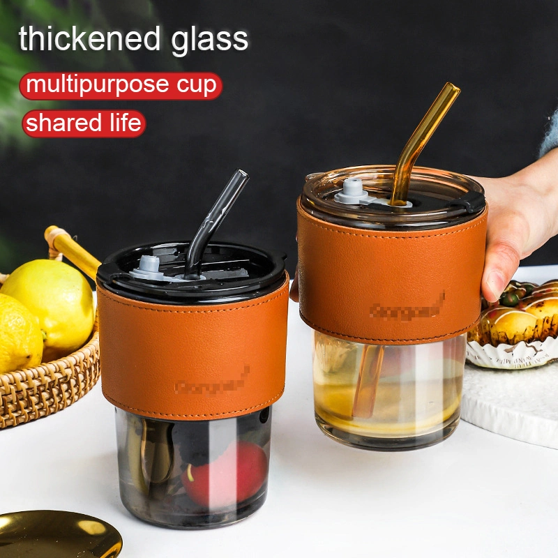 Portable Creative Glass Coffee Cups with Lid and Straw Glass Cup with Leather Sleeve