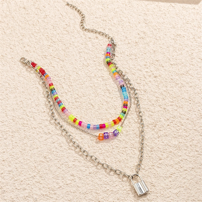 Explosive Bohemia Ins Fashion Women&prime; S Jewelry Beaded Necklace Colorful Acrylic Rice Bead Multi-Layer Silver Lock Pendant Fashion Jewellery Necklace