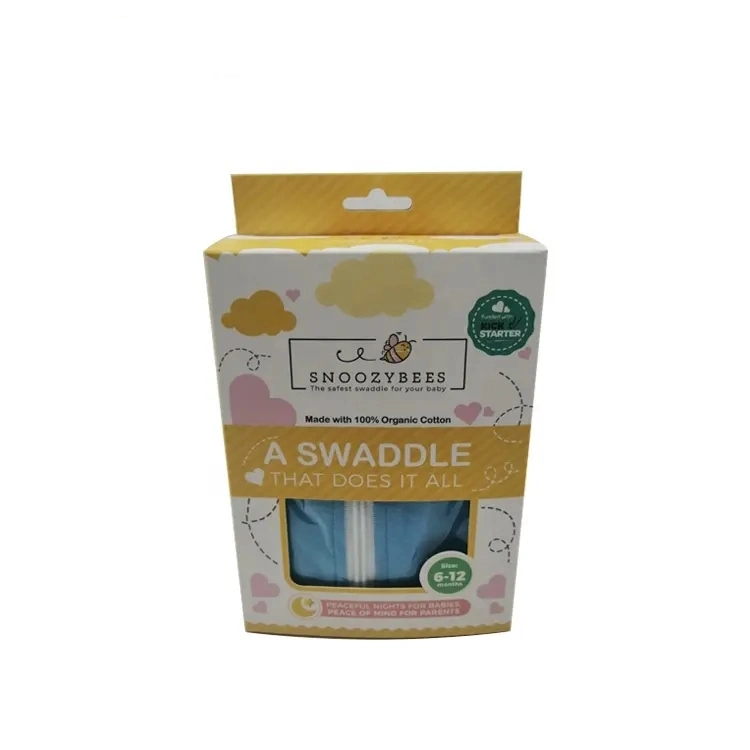 Logotipo personalizado cartón plegable papel Baby Swaddle embalaje Display Box Con agujero para colgar y ventana PVC