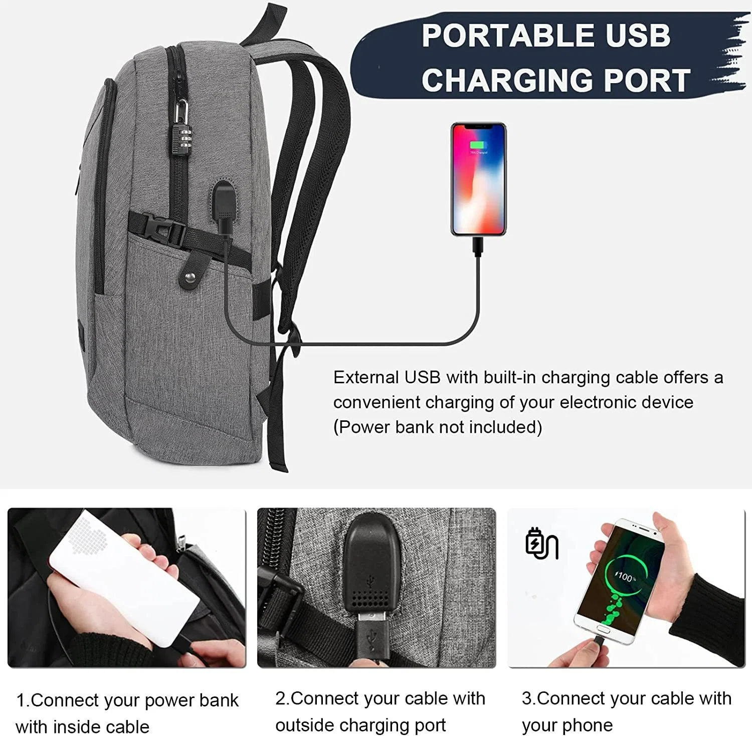 15.6 in Anti-Theft Business College School Nylon Laptop Bag for Men Women with USB Charging Port Lock