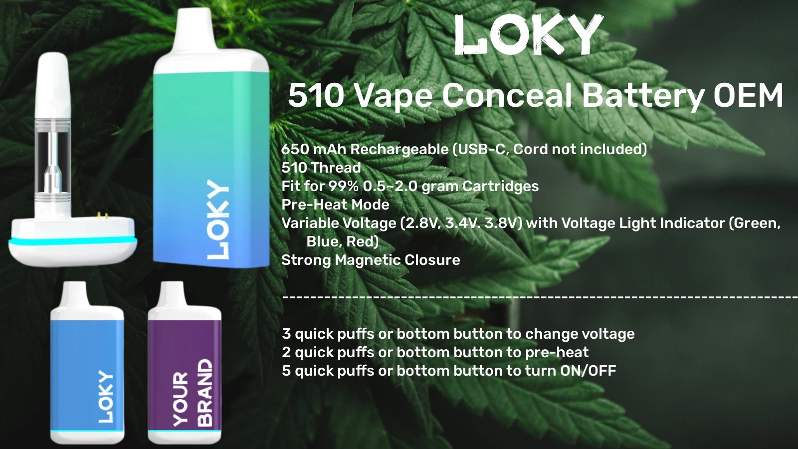 510 de la batería de Vape Loky Precalentamiento OEM de voltaje variable Pre-Heat Mayorista/Proveedor de modo de batería de rosca 510