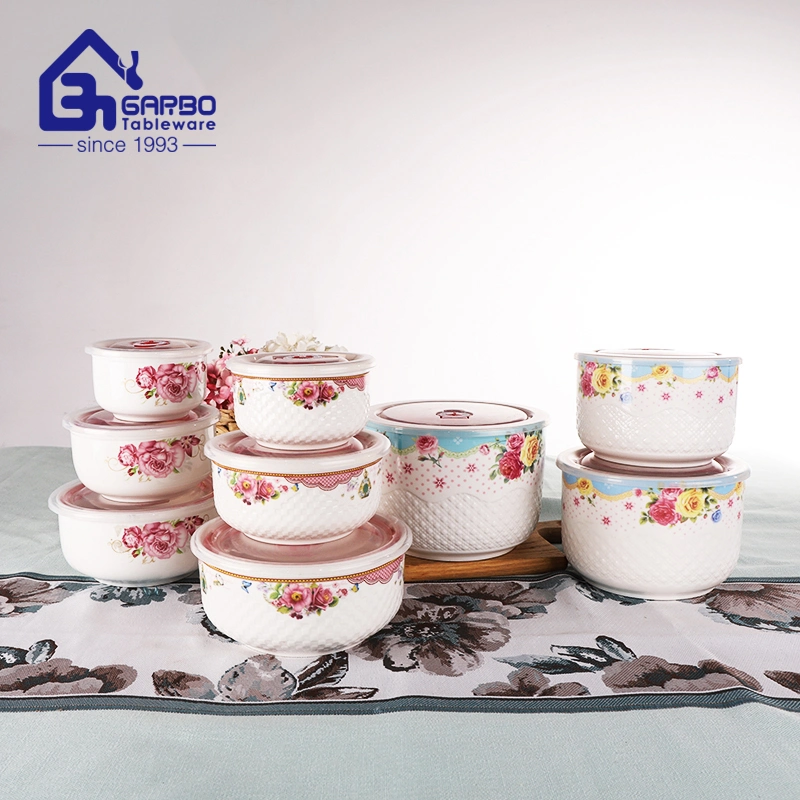 Popular Round 3PCS Porcelain Storage Bowl Set Ceramic Bowls Plastic Cover Printed Porcelain Porcelain Lunch Box Set Mixing Bowls with Lids Set