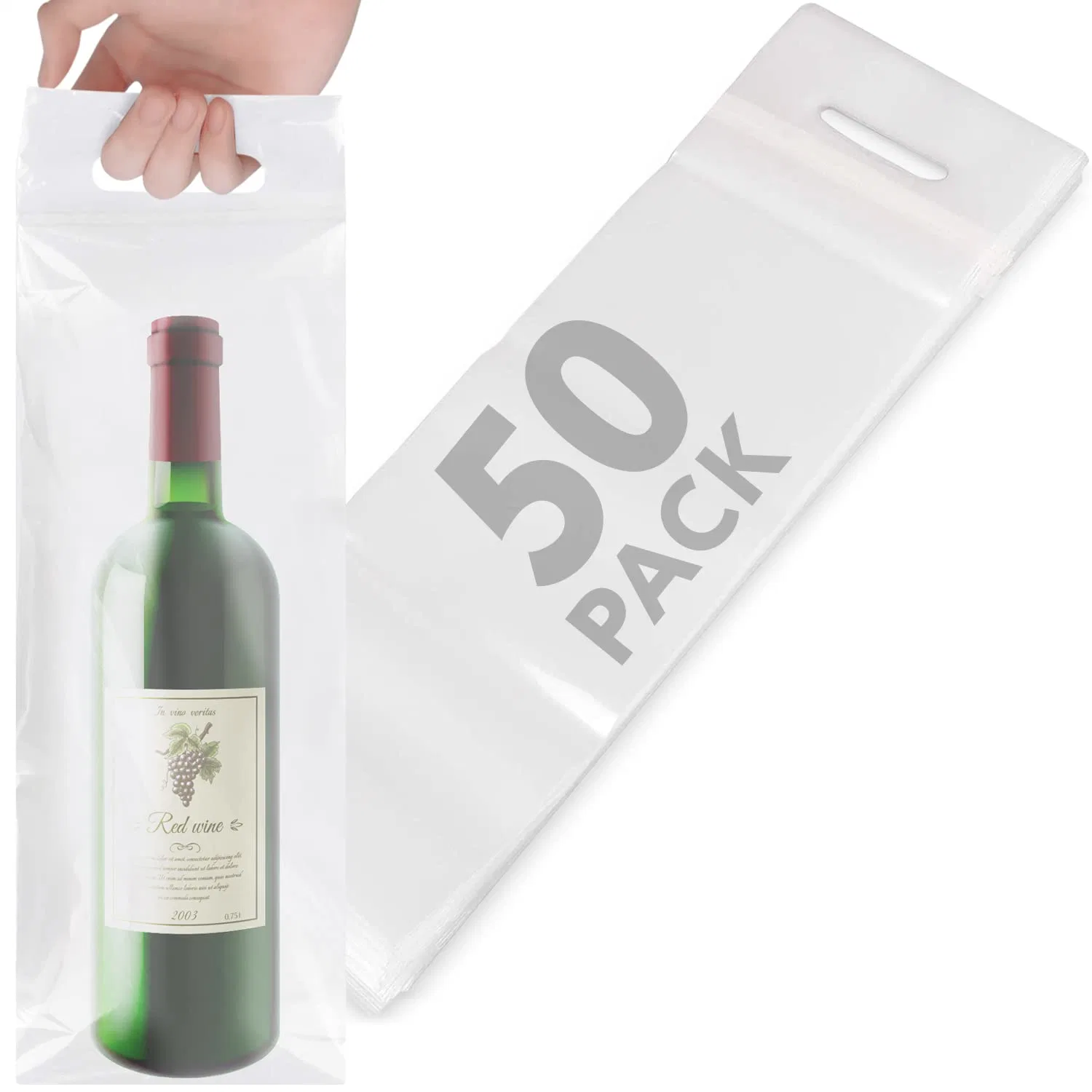 Vino para ir de plástico transparente bolsas con asas ideal para restaurantes, bares, viajes y Regalos - Housewarming encaja 25 Oz botellas - Junta de la prueba de manipulaciones