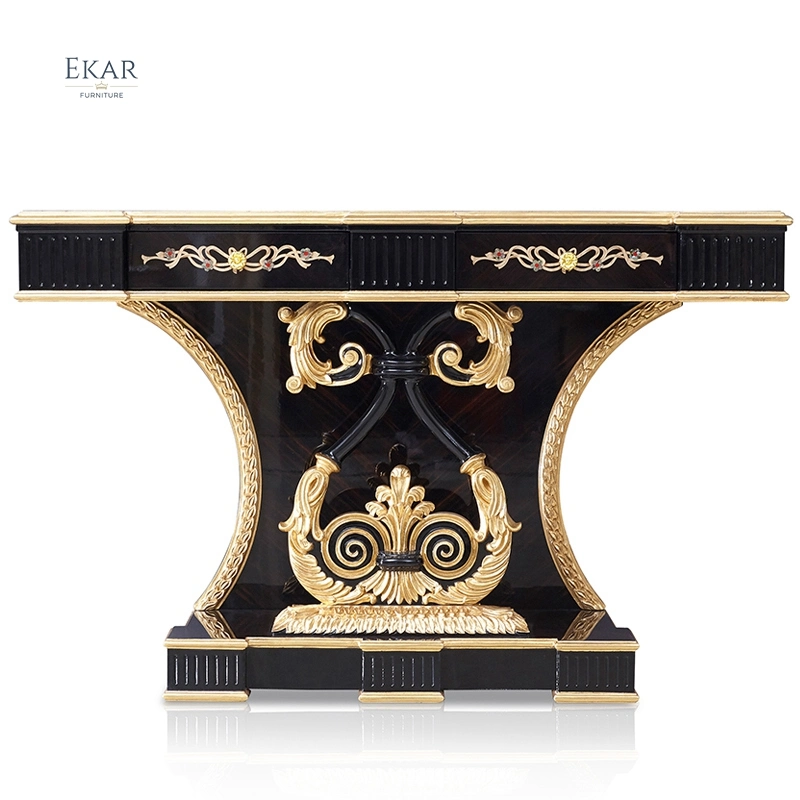 European Italian Console Table Luxury Classic Design Solid Wood Carved Gold Foil Console Entrance Table