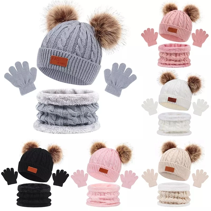 Baby Hat Sets Warm Soft Double Faux Raccoon Fur Pompom Knit Beanie Hat Toddler Kids Knitted Winter Hat Glove and Scarf Set