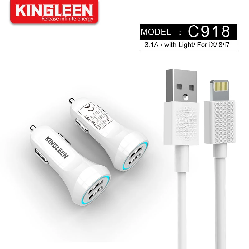 Mobile Phone Car Lighter Charger 3.1A Rapid USB Car Charger with Lightning Cable