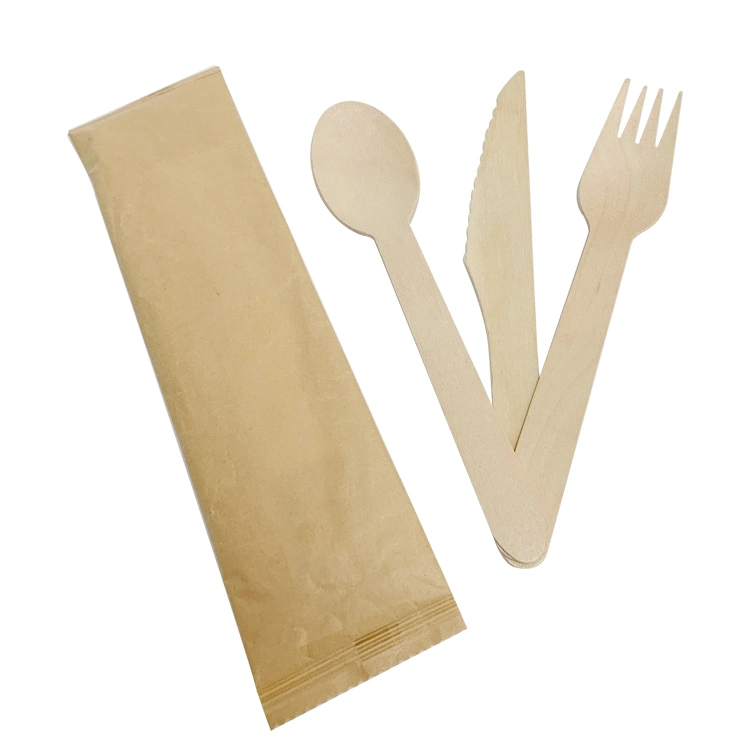 Disposable Wooden Cutlery Set Spoon Fork Knife Napkin 160mm