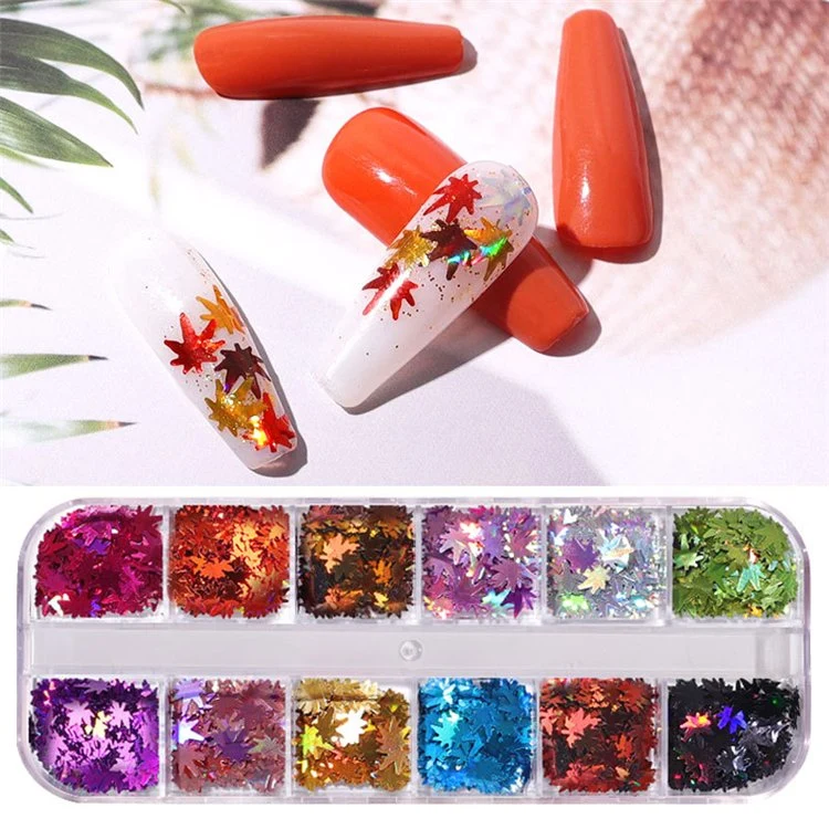 12 Grid Autumn Series Laser Maple Leaf Nail Sequin Stickers Nail Design Accessories