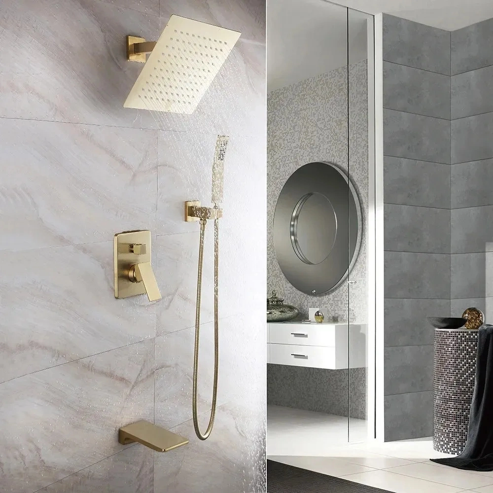 Luxury Modern Design Brushed Gold Square Shape Three Functiones Thermostatic Concealed Shower Mixer Set