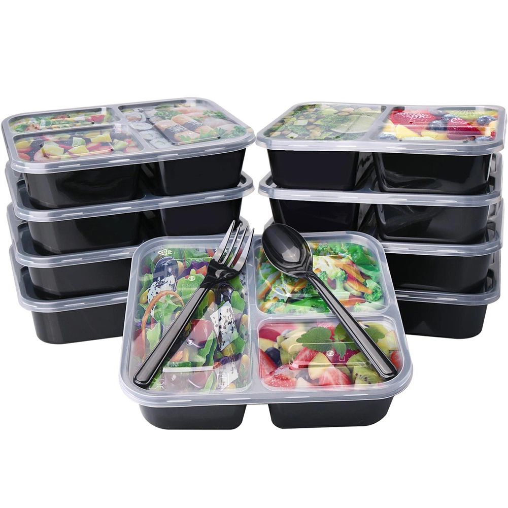 Three Compartment Disposable Lunch Box Meal Prep Plastic Food Container with Lid Picnic Takeaway Box Reusable