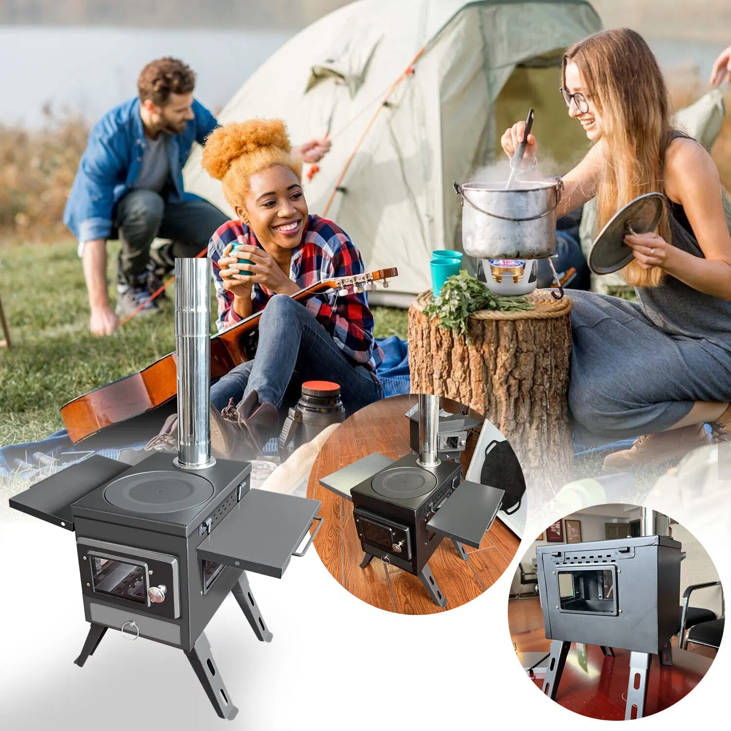 Portable Tent Firewood Stove 3 Glass Window Charcoal Burner Camping Heating Stove