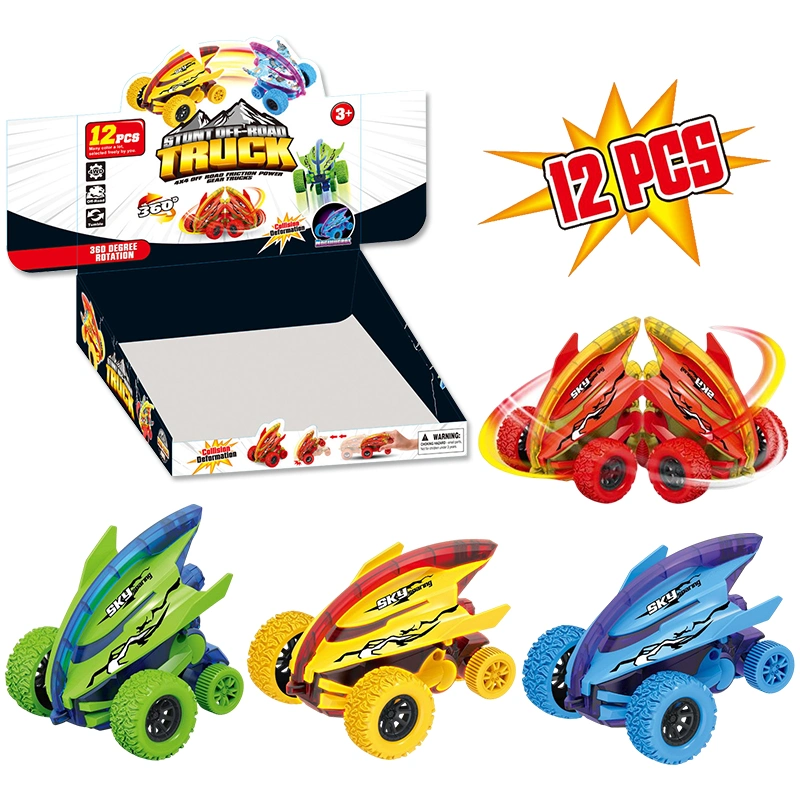 12pcs/Box Stunt Impact Drehwagen Kinder Push and Go nachtlichtschnallend Spielzeug Fahrzeug 360 Grad Roll Friction Power Cars für Kinder