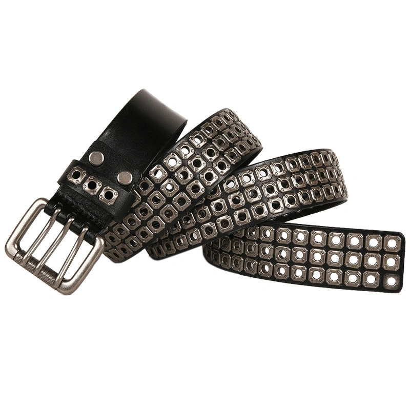 New Style Eyelet Hollow Rivet Nightclub de primera capa con cinturón de piel de vaca para hombre Mayorista/Proveedor Men's Three-PIN Buckle Rivet Belt para mujer