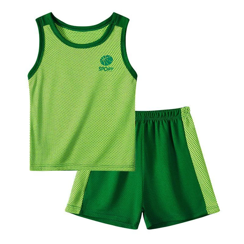 Fashionable Summer Boy Girl Clothes Suit Short Sleeve & Sleeveless Shirt Shorts 2PCS Quick-Drying Children Clothing Contrast Color Apparel Breathable Sportswear