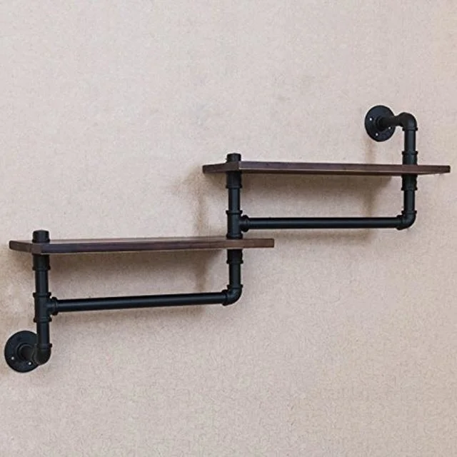 Black Industrial Style Solid Wood Towel Rack for Bathroom with Iron Pipe