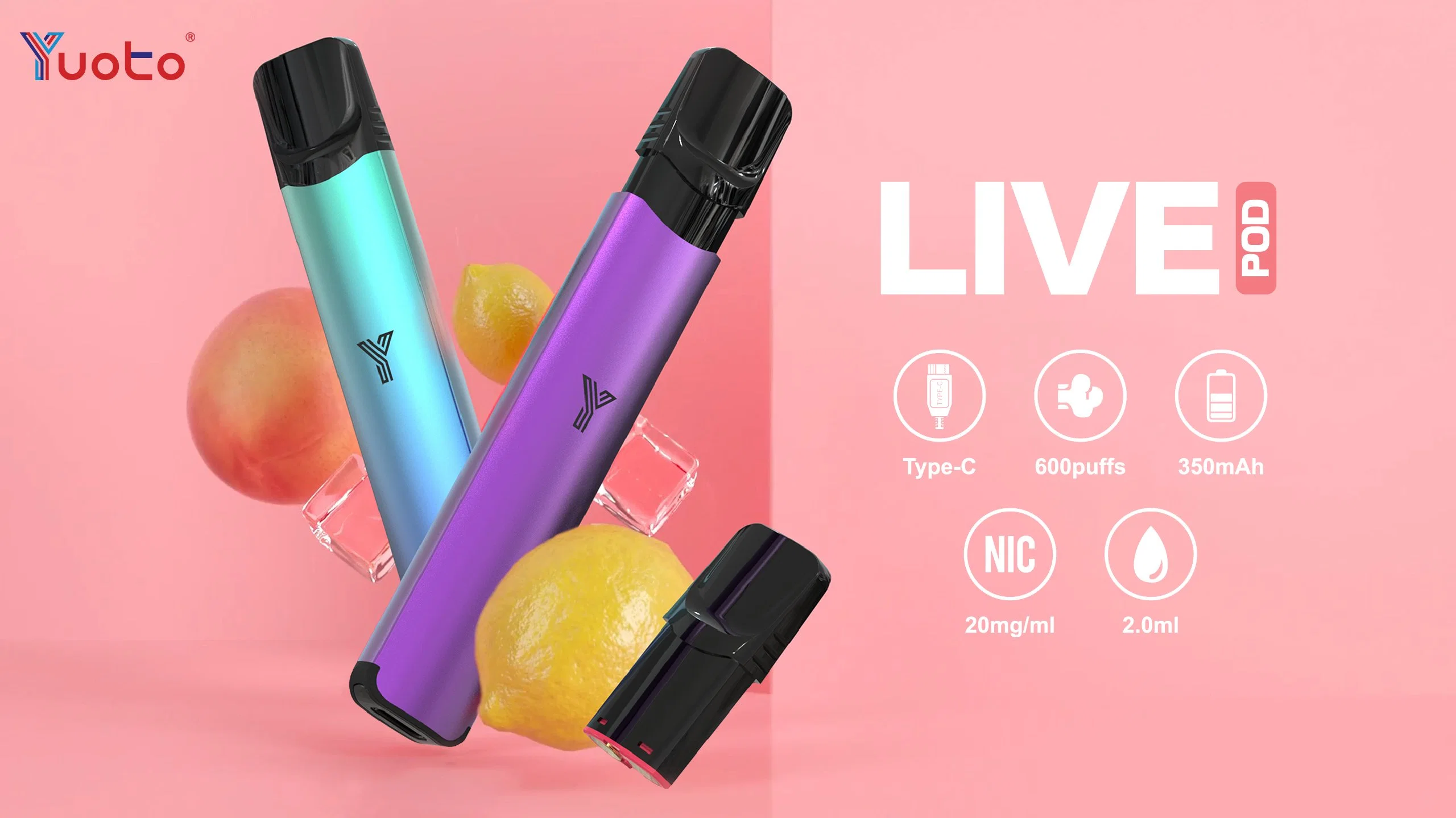 14 sabores Yuoto Live 600 Puffs 2% nicotina 2ml cartucho 350mAh batería de litio malla bobina Tipo C con TPD Mayoreo I VAPE