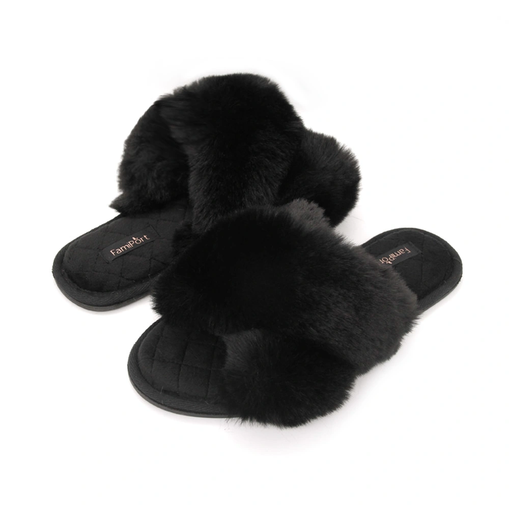 Women&prime; S Fuzzy Slippers Cross Band Memory Foam House Slippers Open Toe