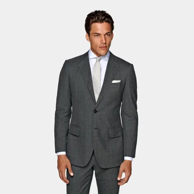 Business Gentleman in Grey Wool Slim Fit Men Two Single Breasted Suits.