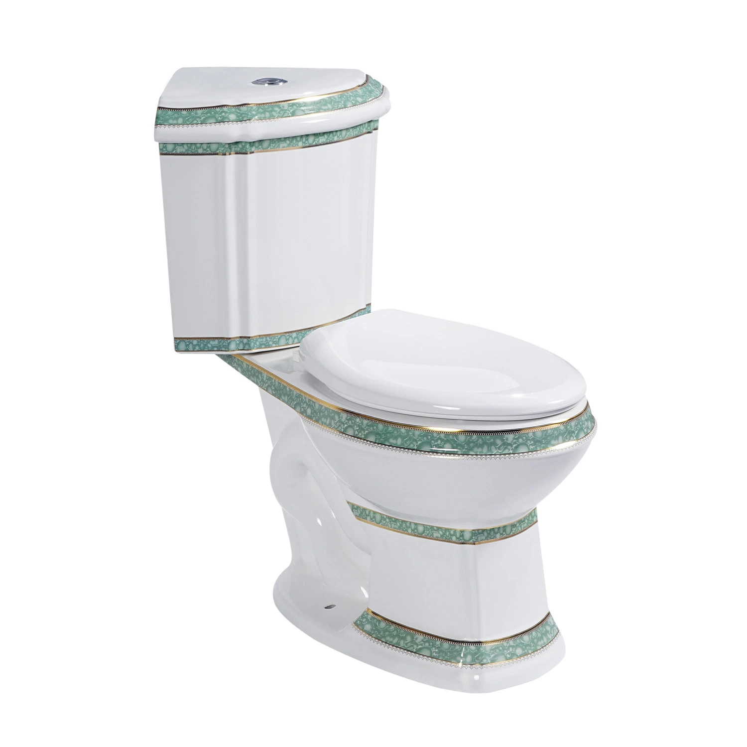 Luxurious Green and Gold Finish Elongated 17.7 Inches Seat Height Dual-Flush Cupc Water-Saving Two Piece Ceramic Corner Toilet with Toilet Seat Sanitary Fixture