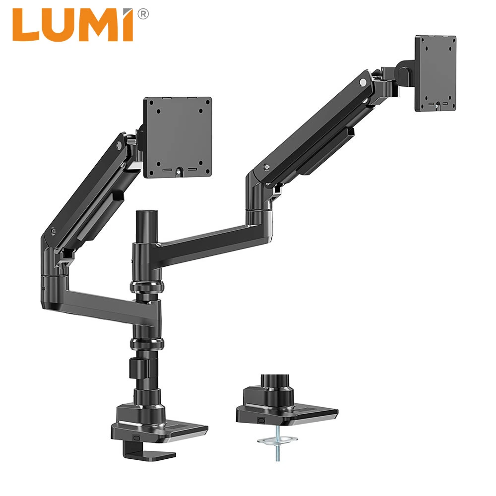 China Heavy Duty Ultrawide Tisch Mount Dual Einstellbare Gasfeder Dual Monitor Arm für bis zu 49 Zoll 44lbs 100x100 VESA Convex Monitor Factory Manufacture