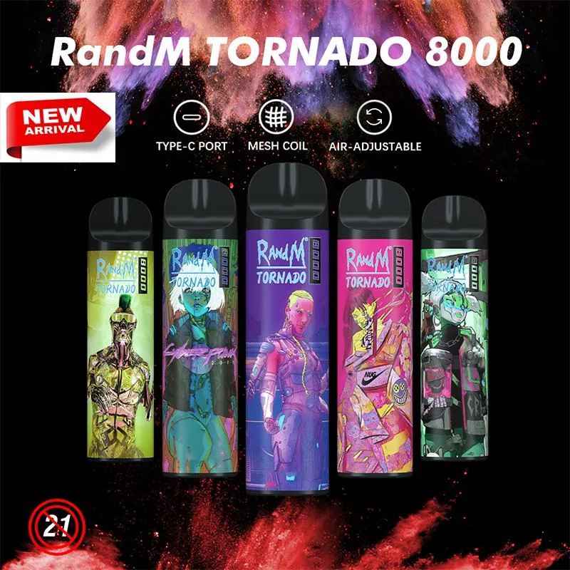 Randm Tornado 8000 puffs cigarettes électroniques jetables 16ml cigarettes dispositif 1000mAh Bobine de contrôle de la circulation d'air de la batterie rechargeable