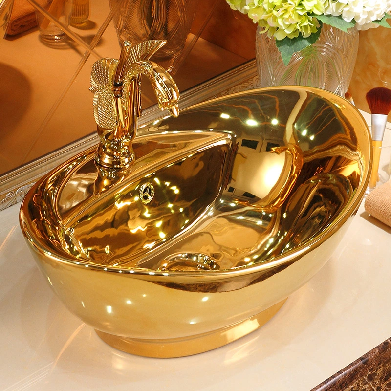 Современная ванная комната Золотая керамическая стойка Наверх умывальник Luxury Gold Раковина для раковины в раковине для раковины в бассейне для мытья рук