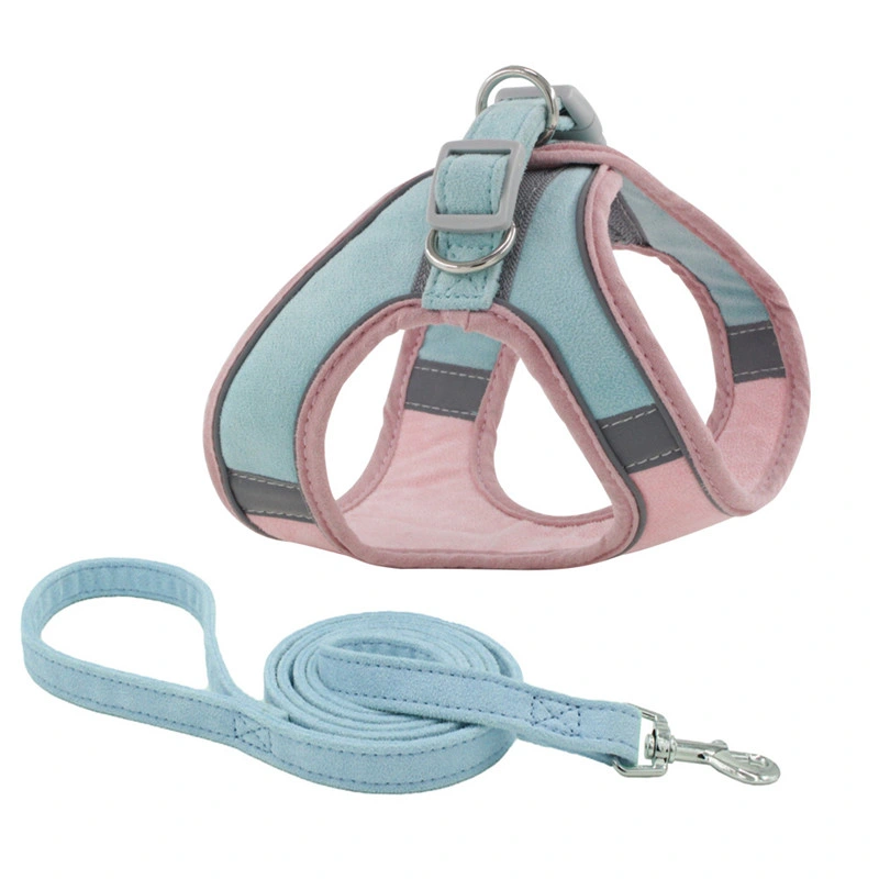 Custom No Pull Pink Reflective Pet Dollar Soft Suede Dog Harness Collar and Leash Set