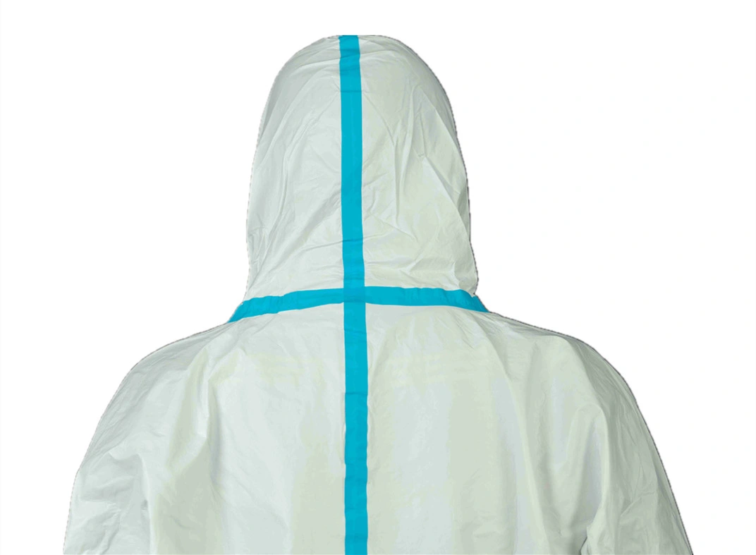 Cat. III Type 4/5/6 Microporous Disposable Chemical Protective Clothing with Blue Tape White Coverall Anti-Static with Hood