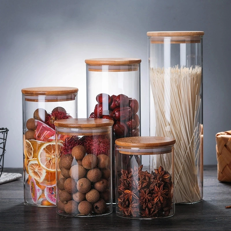 Cocina jarra de vidrio sellado de bambú con tapa de vidrio, frascos de almacenamiento para la cocina, cuarto de baño y despensa