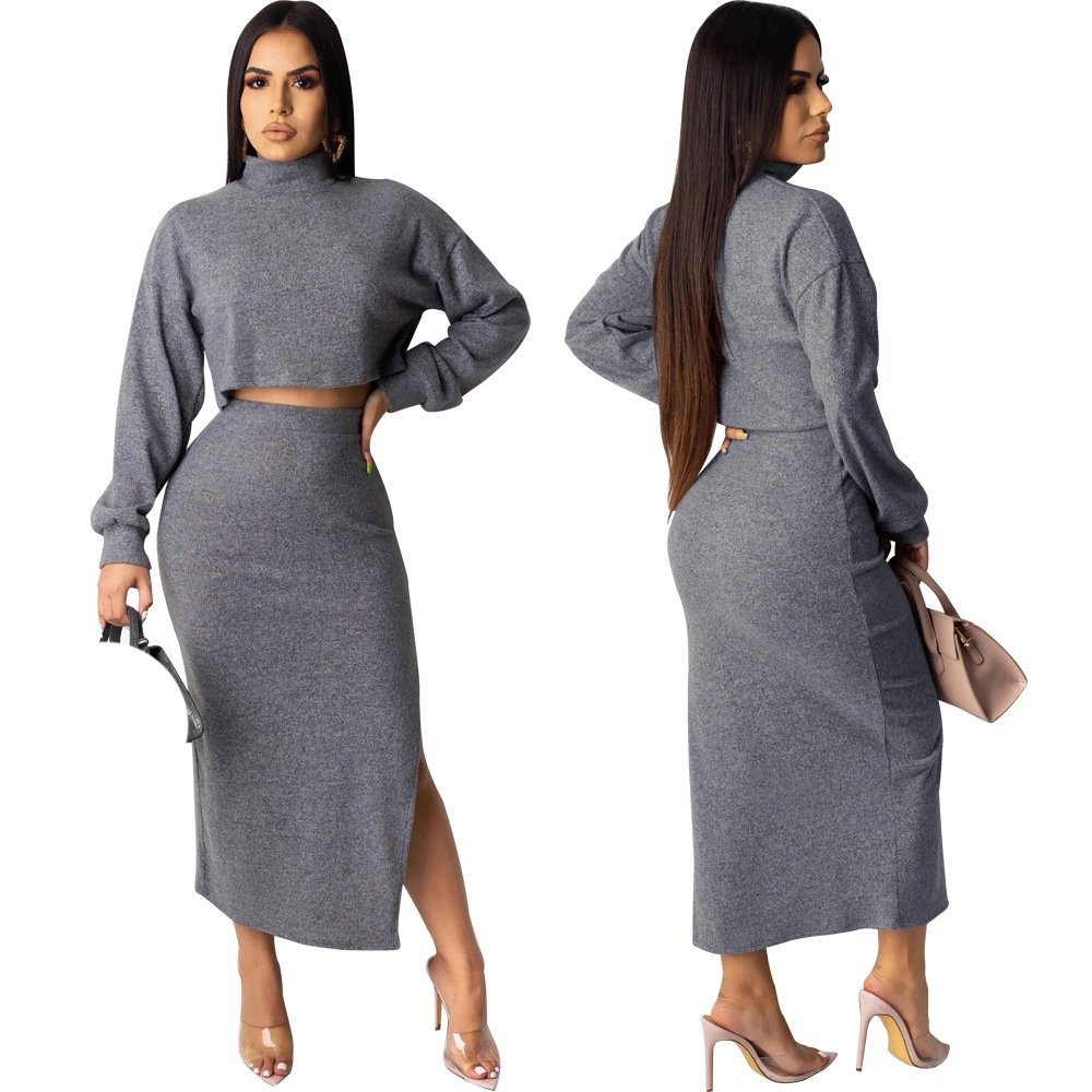 Fall Autumn Warm Fashion Long Sleeve Dress Sexy Women Clothing Winter Skirt Formal Women Dress Two Piece Set