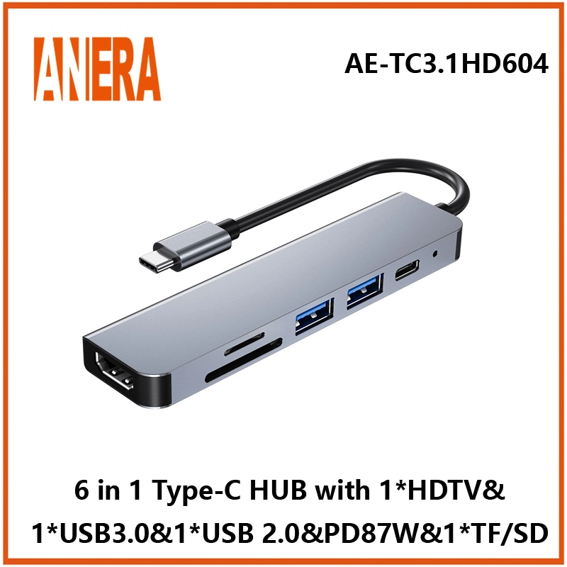 High Speed Performance 6 in 1 USB C Portable Type C Hub Adapter with Pd87W USB3.0/2.0 Hub SD/TF 2.0 Card Reader and HDMI