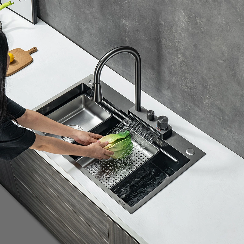 SUS304 Edelstahl handgemachte Waschbecken einzelne Schüssel mit Wasserhahn Loch, Black Nano Waschbecken, Wasserfall Küchenspüle