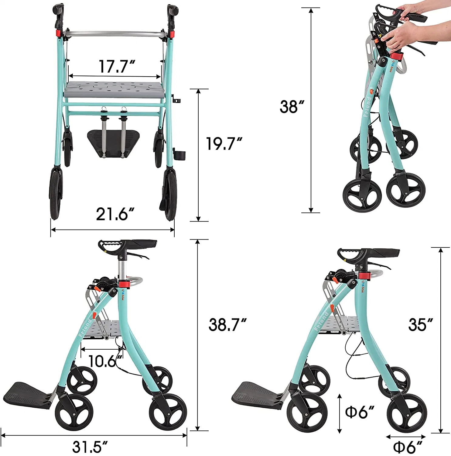 Personnes âgées Hi-Fortune Walker Stand Up Walk aider Rollator pliant en aluminium léger et portable