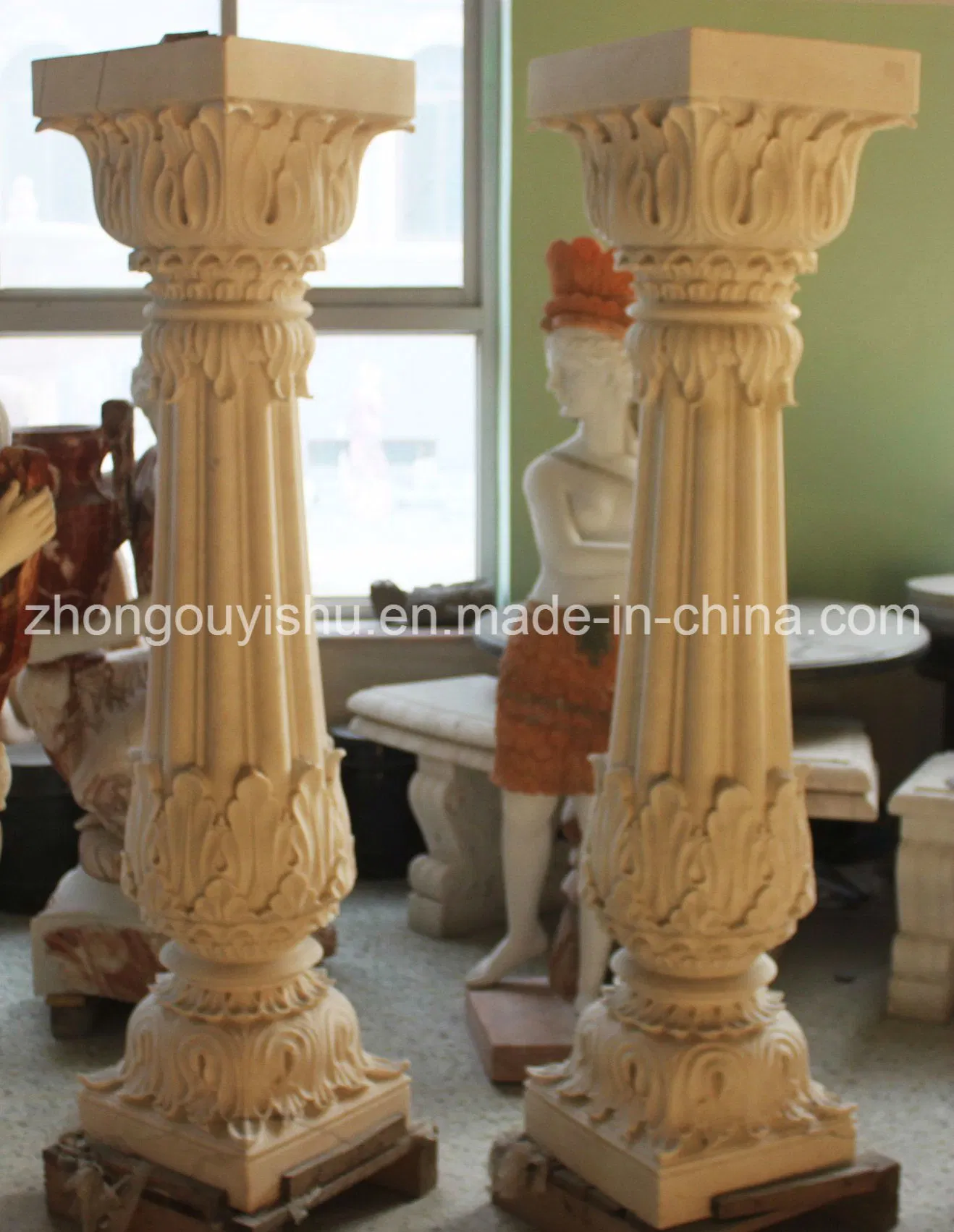 Pedestal Column White Marble Carving