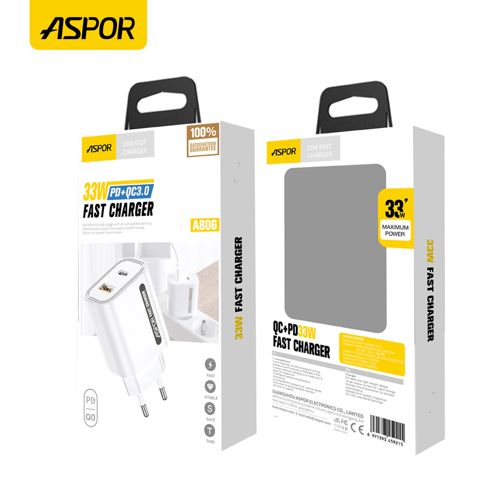 Aspor Brand Pd33W Quicking Charging QC Fast Charging Mobile Phone Charger Safety&Stable Cell Phone Accessories for EU/UK/Us Factory Supply